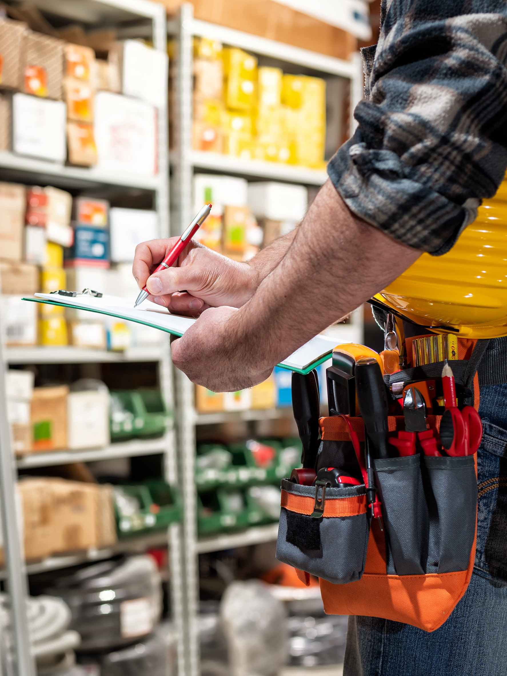 Electrician in the electrical components store writes on the notebook. Construction industry, electrical system.