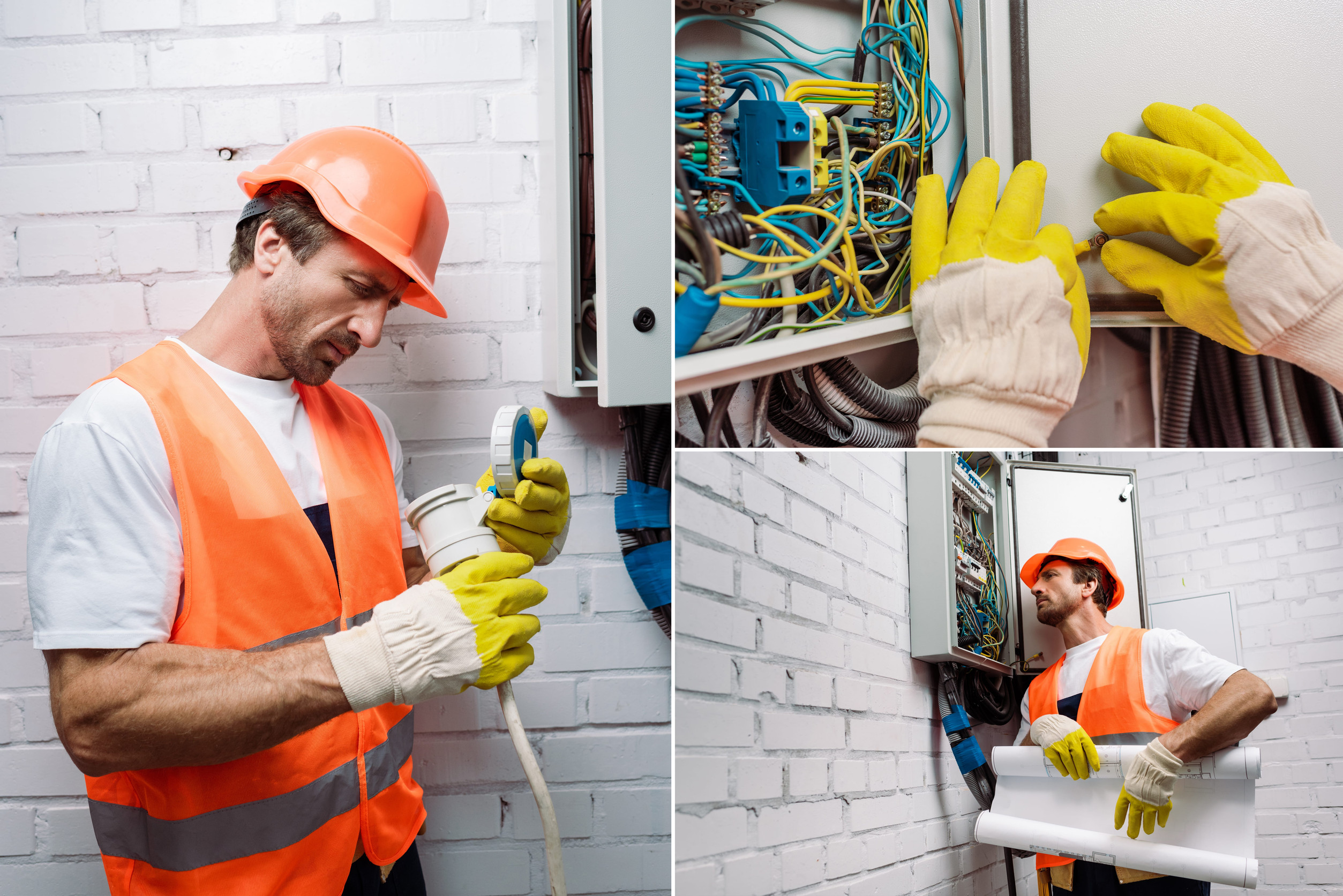 electrician holding blueprint and fixing wiring near electrical distribution box
